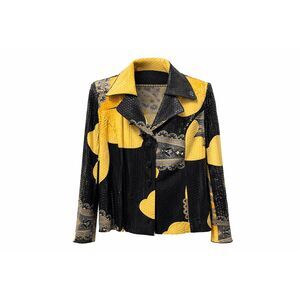 Clara S. XL Black Yellow Patchwork Textured Button Front Jacket